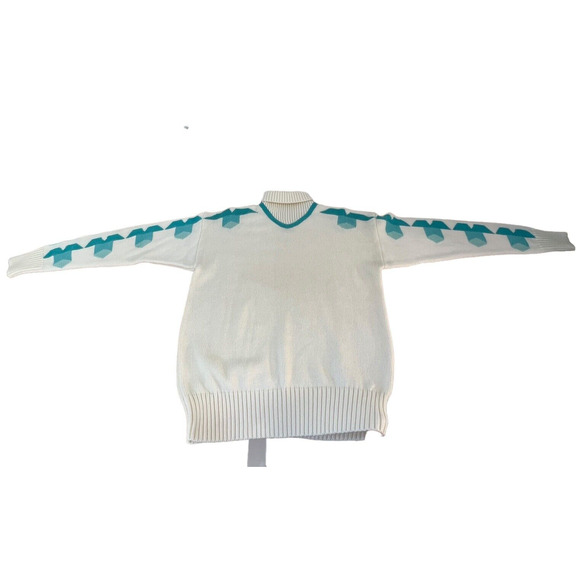 Vintage Meister Wool Blend White Turtleneck Sweater Aqua Geometric Pattern Lg - Picture 7 of 11
